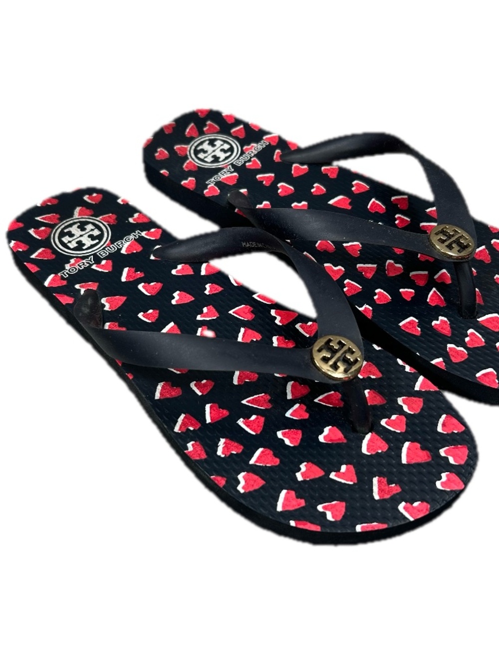 Tory Burch Navy Red Heart Print Flip Flop Sandals Size 7